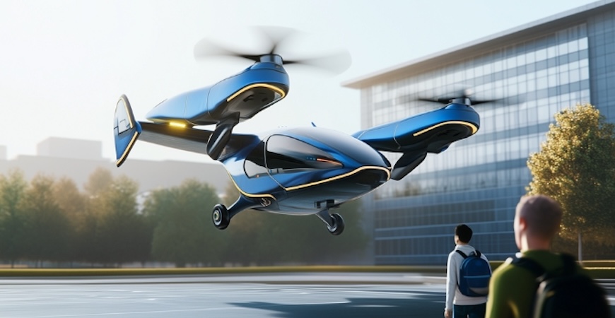 Photo depicts a rendering of a drone flying above the heads of people below.