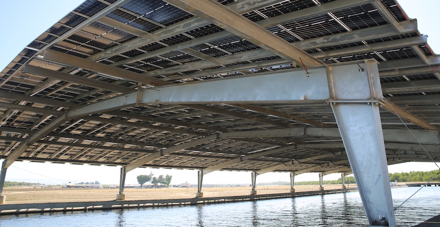 Depicted is Project Nexus, a structure that holds solar panels over an irrigation canal in Hickman.
